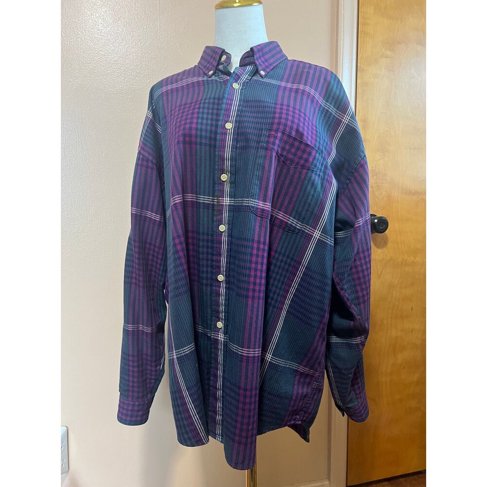Siegfried Vintage Purple Tartan Plaid Button Down Shirt Crest Logo XL 90s